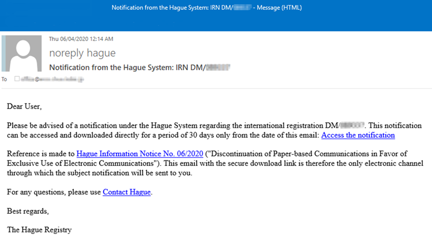 Hague electronic notification, sample 1