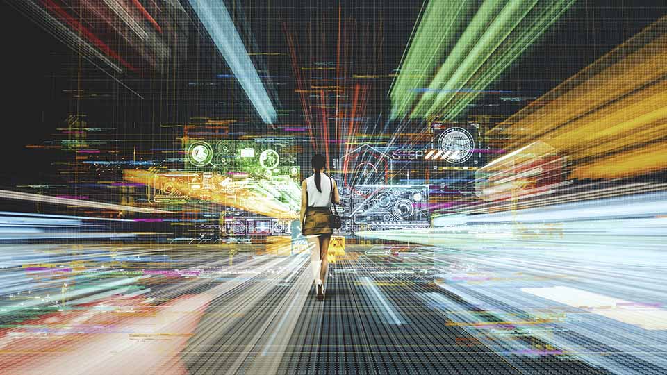 Abstract technology image with woman using VR environment
