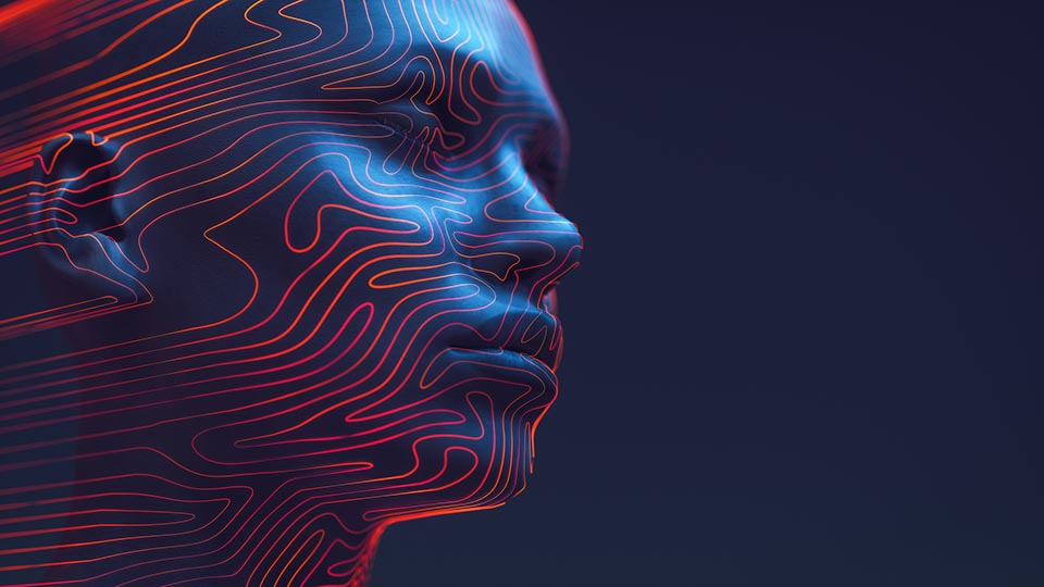 3D rendered digital human head outlined with neon contour lines