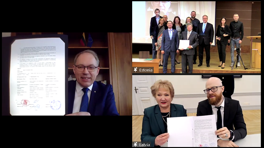 Zoom meeting screenshot of Estonian, Latvian and Lithuanian universities rectors having signed the Baltic TTO Network Cooperation Agreement