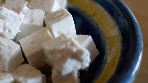 Feta cheese in a bowl