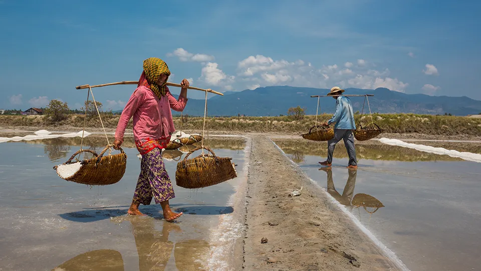 Два работника переносят соль, добываемую в районах Кампот и Кеп, на коромыслах с корзинами