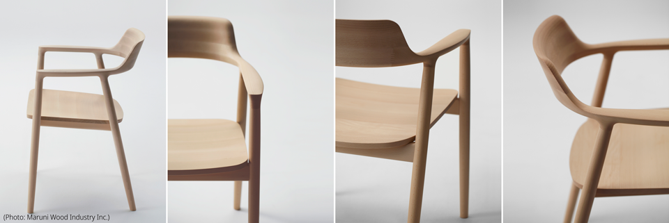Photos d’une chaise en bois de la série HIROSHIMA de Maruni, prises sous quatre angles différents