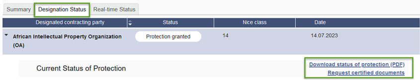 Screenshot showing designation status of a registration