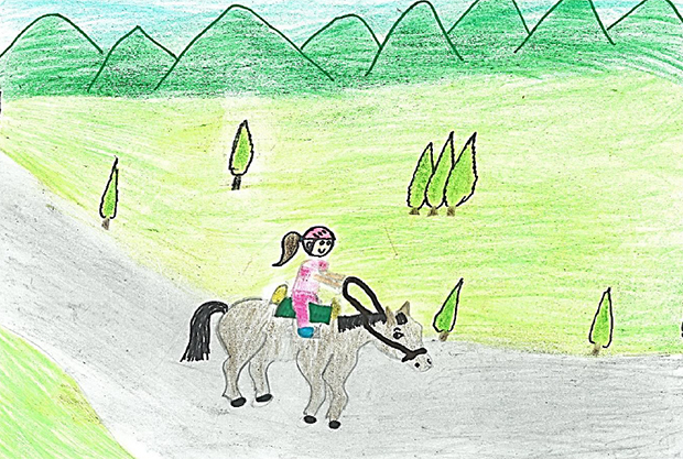 Illustration made by Dayana portraying herself and her horse Guapo at the race.