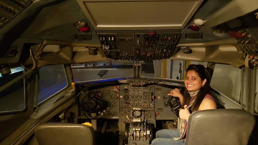 Monalisha appreciating mechanical inventions on a holiday she recently took with her husband where she had the opportunity to visit the cockpit of an aircraft.