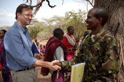 Chief Morias Ole Kisio of the Laikipia Maasai community receiving formal hand over of the digital recording equipment from Mr. Wend Wendland (WIPO TK Division). (Photos: © Dr. Guha Shankar, AFC/LoC)