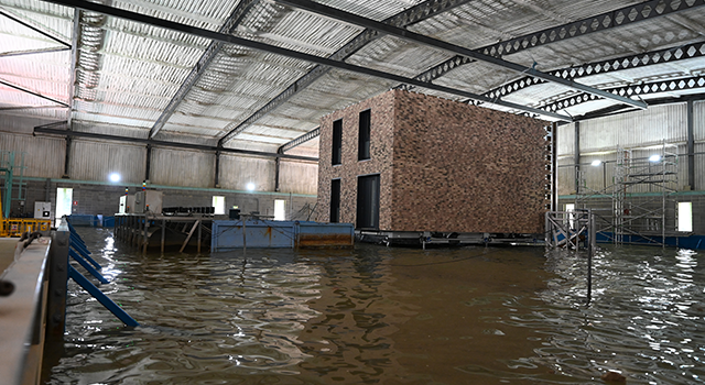 Detection triggers the house to rise above the floodwater on a specially designed mechanical jack system